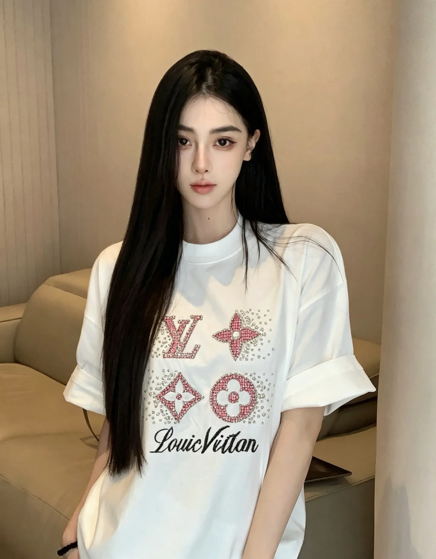 Louis Vuitton/Louis Vuitton line bead embroidery round neck short sleeves